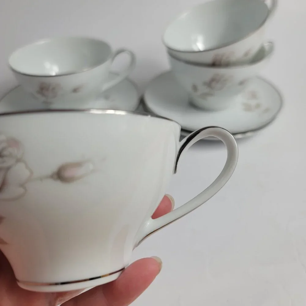 FOUR Noritake Sweet Talk Cup & Saucers Sets White with Pink & White Roses